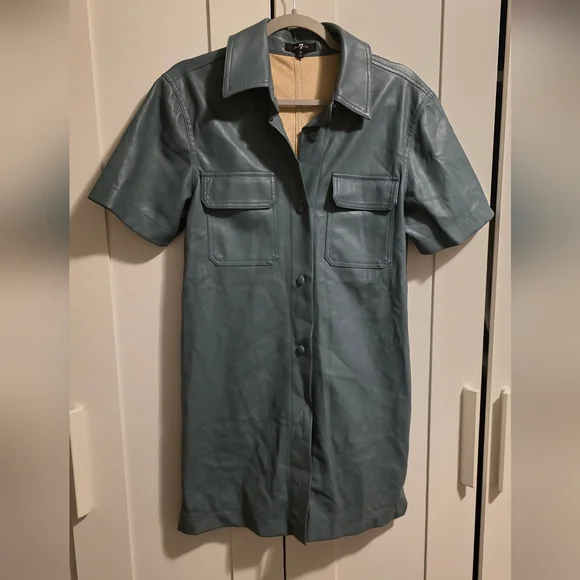 7 For All Mankind Faux Leather Shirt Dress Button Down Teal Size S - Picture 3 of 10